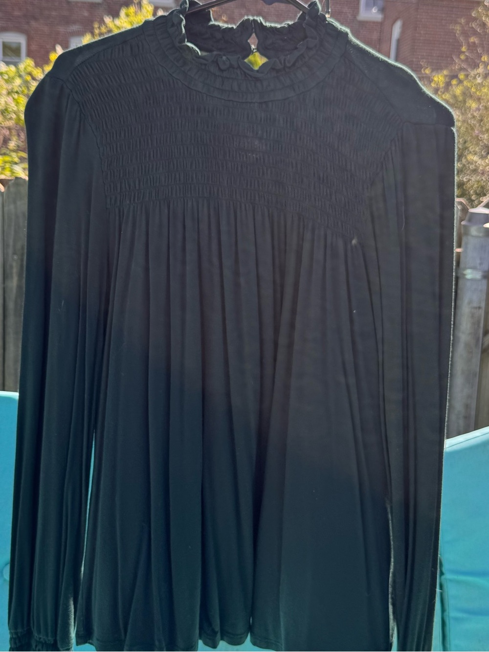 Cable & Gauge Dark Green Long-Sleeve Smocked Yoke Blouse